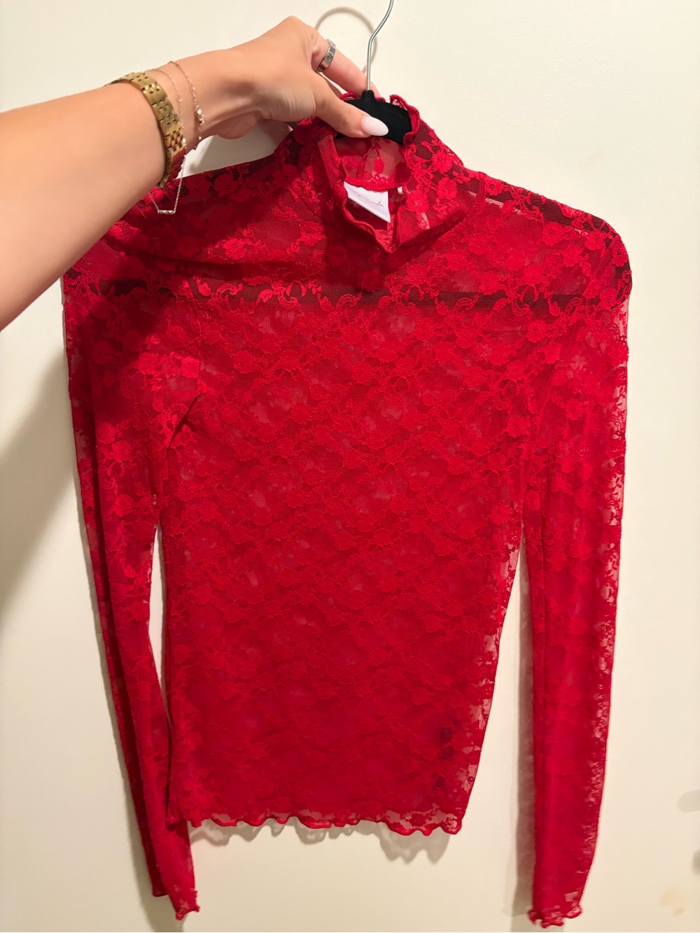 Urban Outfitters Red Lace Long-Sleeve Mock Neck Top